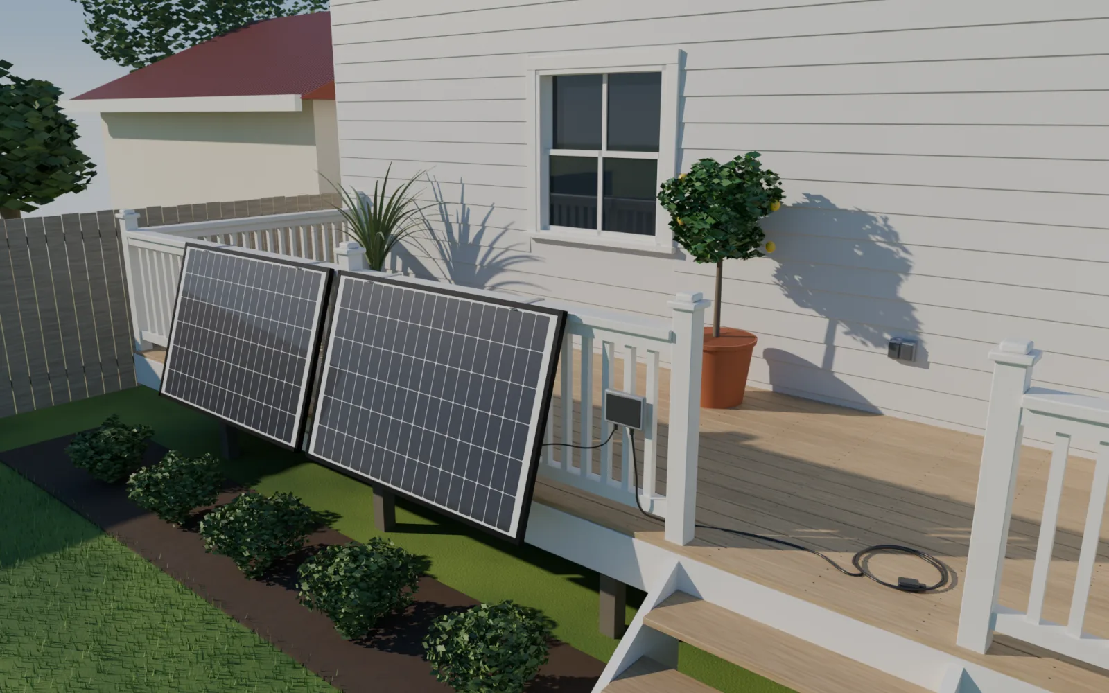 Two solar panels hung on the railing of a villa deck in afternoon sun, their cable coiled on the boards and the plug resting unplugged near an outdoor socket